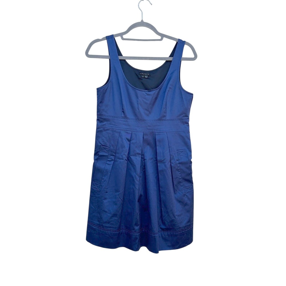 Theory Scoop Neck Babydoll‎ Dress, Pleated Front, Vibrant Navy, Pockets, Sz 4